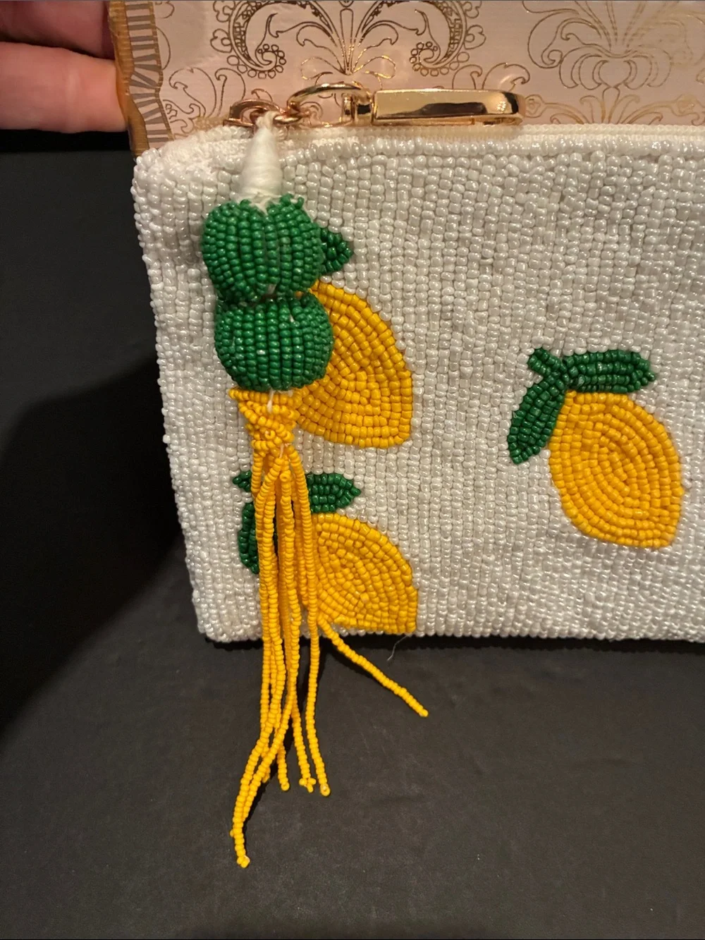 Made in India Handmade White Beaded Lemon 🍋 Pouch - Yellow & Green